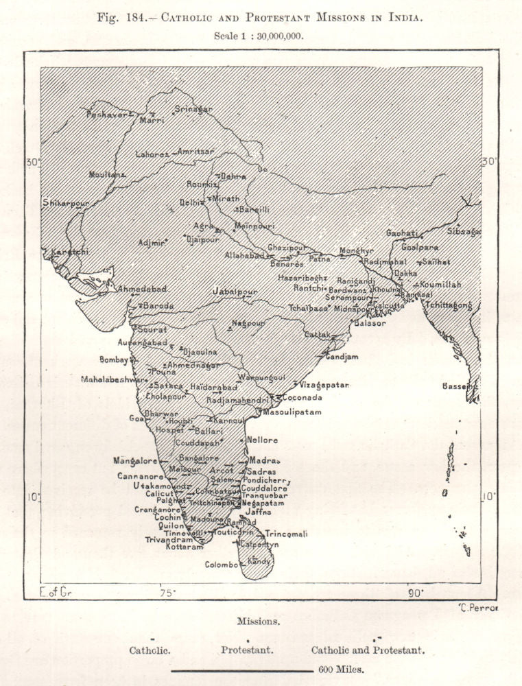 Catholic and Protestant Missions in India. Sketch map 1885 old antique